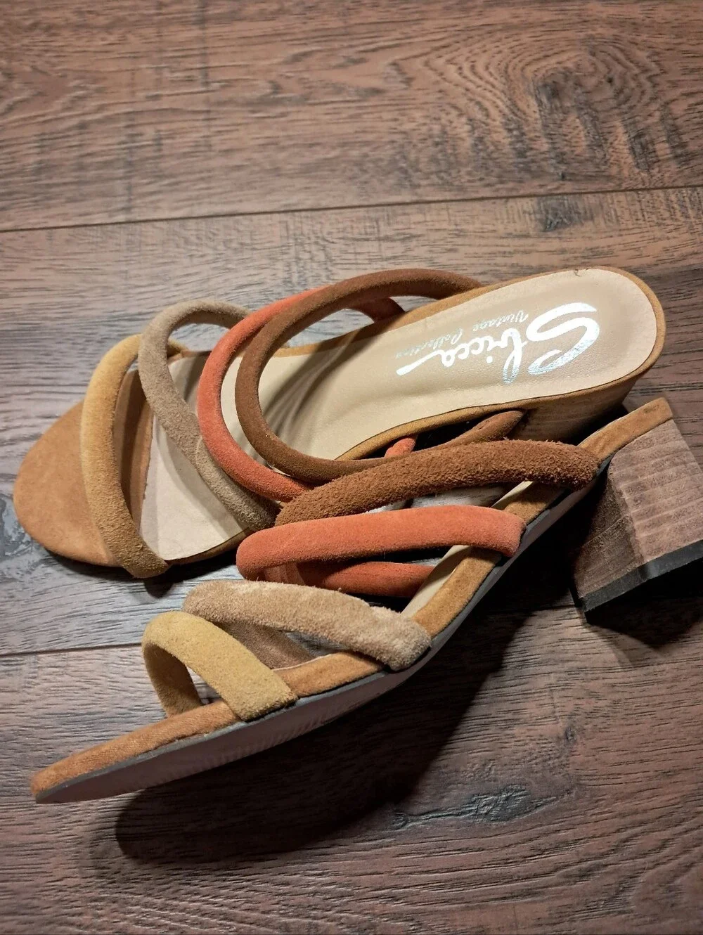 Sbicca Suede Multi-color Chunky Strap Block Heel Sandals in Brown, Tan, Orange